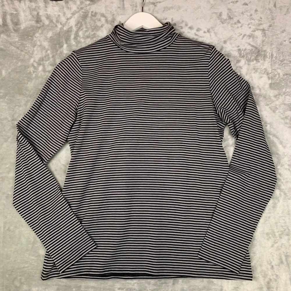 J. Jill Striped Jersey Turtleneck Top Black Grey Petite‎ Medium Long Sleeve NEW